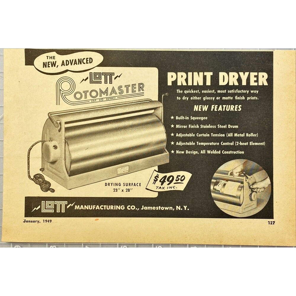 LOTT Manufacturing Co. "The Advanced Rotomaster Print Dryer" Vtg Print Ad 1949